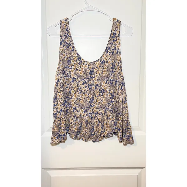 Patrons of Peace Blue Yellow Ditsy Floral Peasant Blouse Boho Size Medium - Image 2