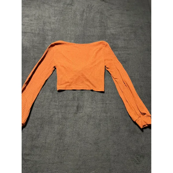 SHEIN Orange Ribbed Twist Front‎ Long Sleeve Crop Top Women's XS - Image 4