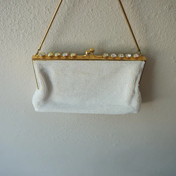 Vintage Bag by Debbie White Seed Bead Aurora Borealis Rhinestone Clutch Japan - Image 4
