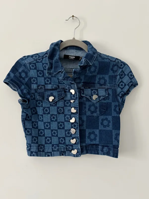 Jaded London Flower Checkered Print Short Sleeve Cropped Y2K 90s Button Down Top - Image 2
