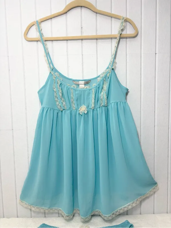 Victoria's Secret Y2K Vintage Sheer‎ Aqua Lace Trim Babydoll Chemise Brief Set - Image 3