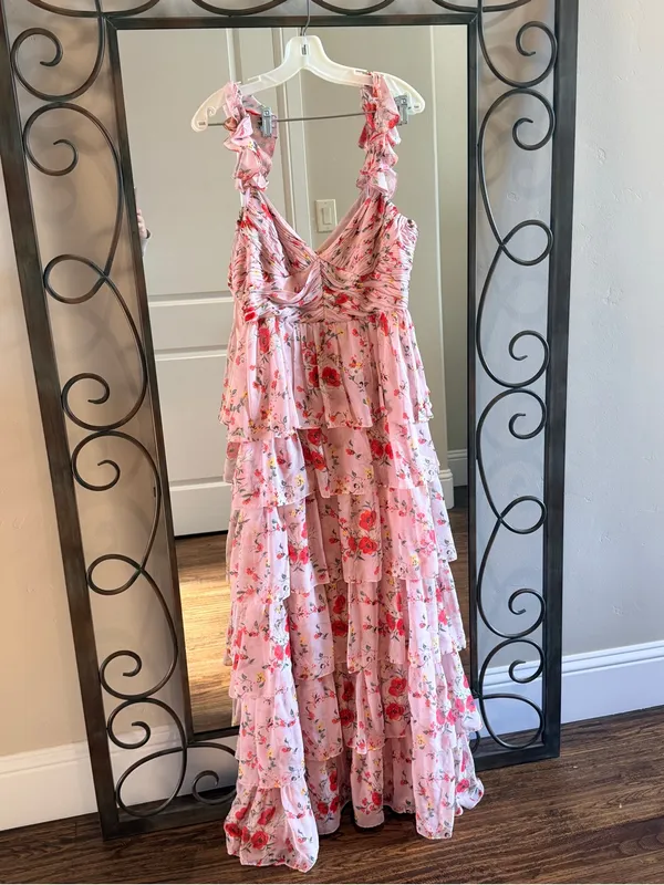 Mac Duggal 55816 Womens Pink Ruffled Sleeveless Draped Tiered Floral Print Gown - Image 3