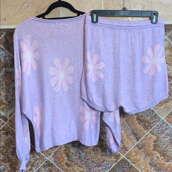 Ekouaer Purple Floral Knit Lounge Set Long Sleeve Top Shorts 2-Piece Medium - Image 11