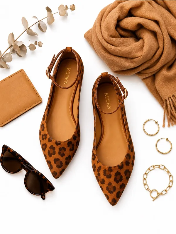 Reden Leopard Print Calf Hair Pointed Toe Ankle Strap Ballet Flats Women’s EU 39 - Image 14