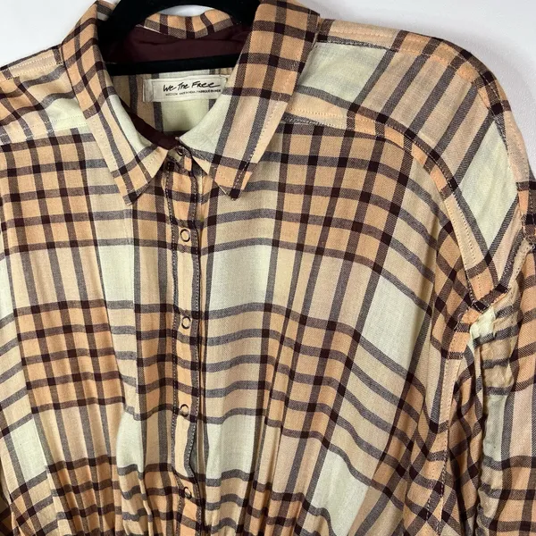 Free People‎ Peach Pacific Dawn Plaid Pull String Sleeve Snap Button Shirt M - Image 7