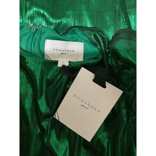 Pomander Place Green Metallic Pleated Ruffle Maxi Dress B1680 Small NWT - Image 10