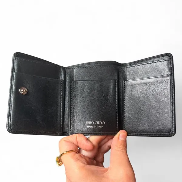 Jimmy Choo Black Leather Studded Star Wallet Compact Trifold Made Italy - Image 3