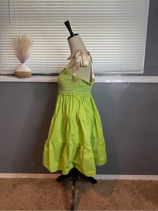 LOVELO Lime Green Smocked Tiered Cotton Dress Adjustable Ribbon Tie Straps M - Image 4