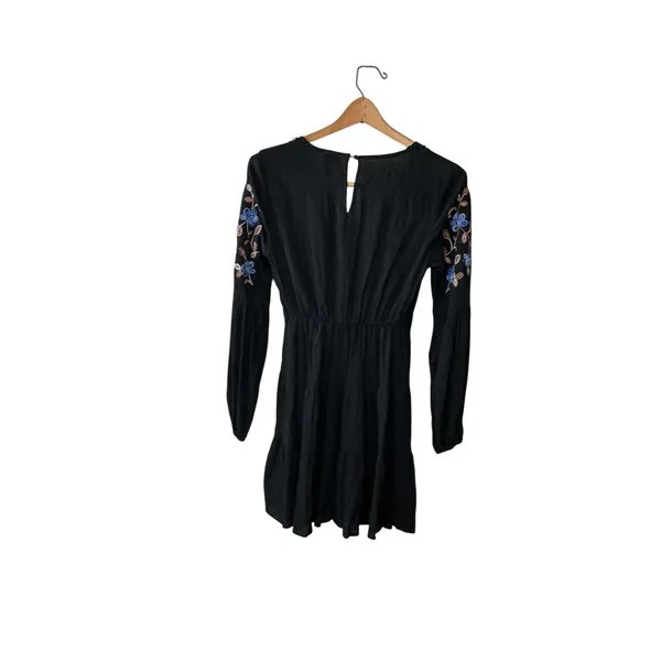 Blue Rain Black Floral Embroidered‎ Boho Tiered Mini Dress XS WS50897 - Image 4