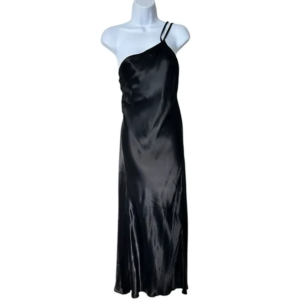 Anthropologie Bl-nk dress Women’s Black satin One-Shoulder Slip Dress Size 6 - Image 2