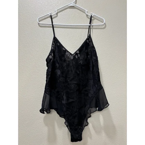 Victoria's Secret VS Archives Black Floral Burnout Ruffle Bodysuit Medium M - Image 2