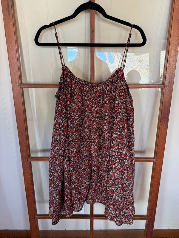 Volcom Laying Low Dress Red Floral Spaghetti- Strap V-Neck Swing Mini - Medium - Image 3