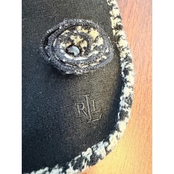 Lauren Ralph‎ Lauren Black Scarf Houndstooth Trim Rosette Button Y2K Academia - Image 2
