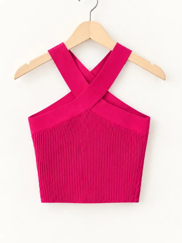 Babaton Aritzia Fuchsia Ribbed Crisscross Cropped Knit Fitted Halter Top Size XS - Image 4