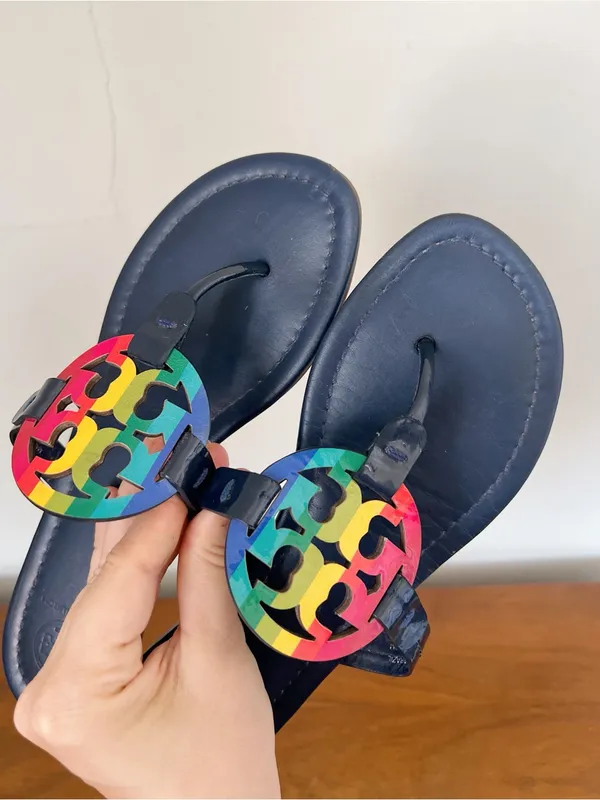Tory Burch • Miller Sandal Rainbow / Royal Navy leather slide thong flip flop - Image 5