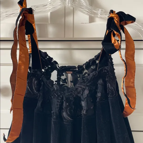 Free People Women’s Black Velvet Lace Trim Babydoll Orange Ribbon Straps - Small - Image 5