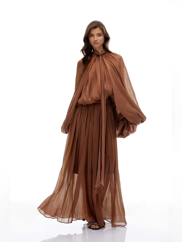 Miss Rosier Mila Brown Pleated Satin Maxi Dress size small - Image 5