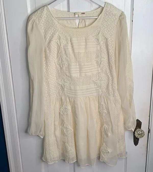 Free People Leigh Ivory Chiffon Lace Bohemian Dress Long Sleeve W-599 Sz S - Image 5