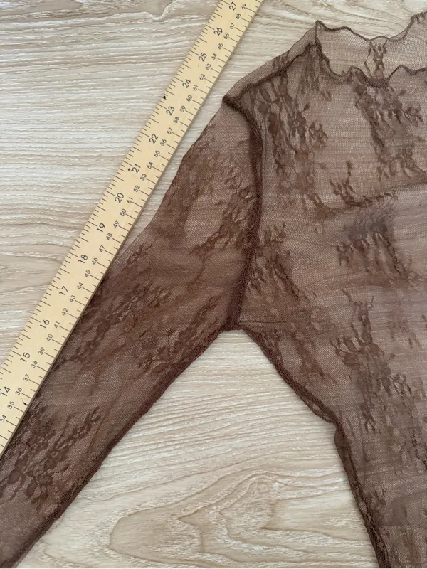 Medium Brown Sheer Mesh Long Sleeve Top Floral Boho Whimsical Rave Festival - Image 6