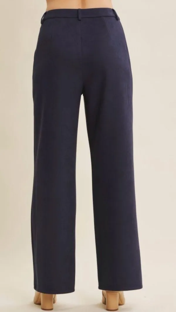 in february Midnight Navy Vegan Suede Pintuck Straight Leg Pants M NWT - Image 2