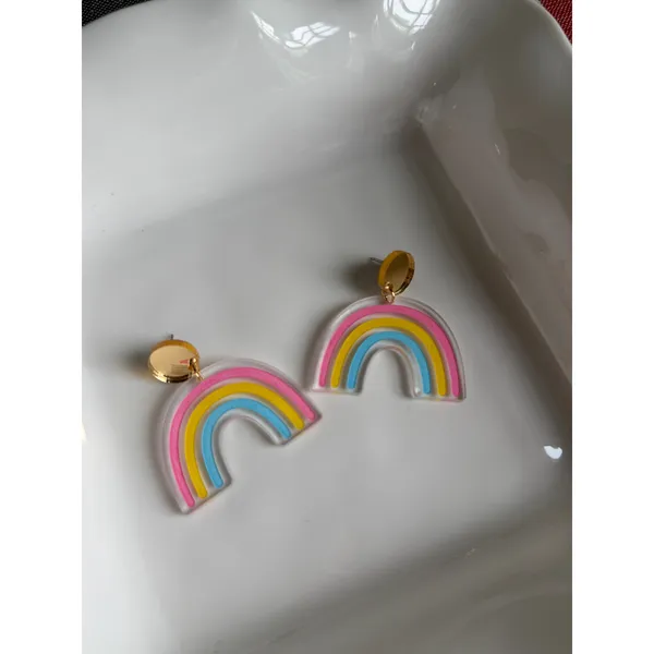 Pastel Rainbow Acrylic Dangle Earrings Pink Yellow Blue Statement Earrings - Image 4
