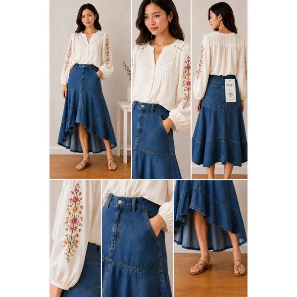 Risen Jeans Blue Denim High Low Tiered Ruffle Maxi Skirt RDS6280 Large‎ - Image 2