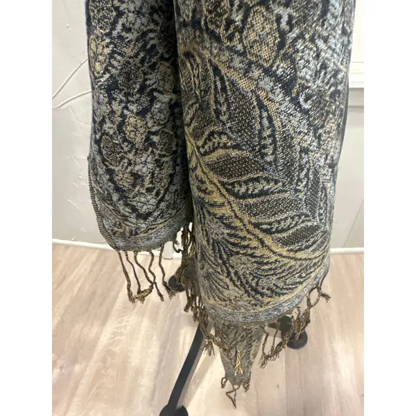 Luxurious Pashmina Silk Blend Scarf Gold Blue Paisley Tassel Fringe 26x72 winter - Image 3