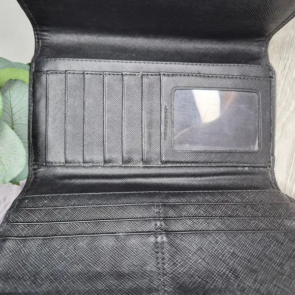 Coach Signature Jacquard Trifold Wallet Black Beige Canvas Leather Checkbook Y2K - Image 7