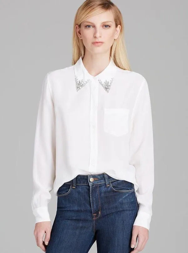 White Jewel Collar Long Sleeve Button Down Blouse - Image 15