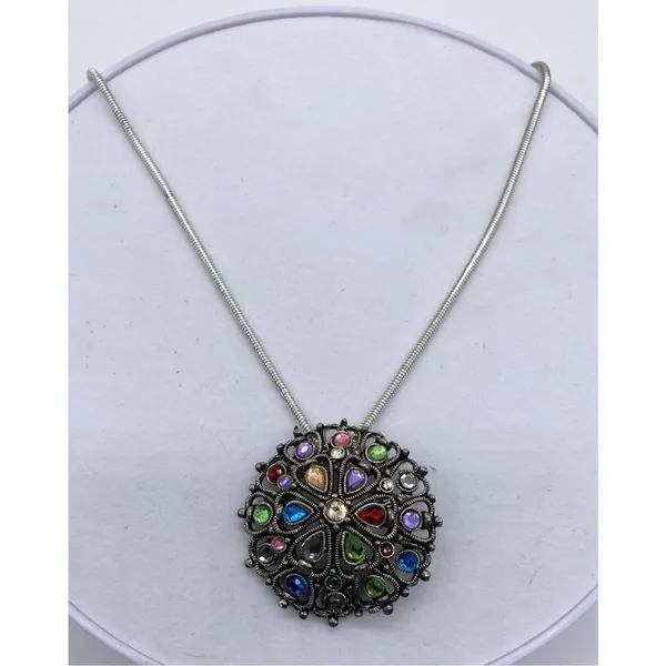Silver Jeans Lightly domed colorful rhinestone pendant necklace brushed antique silver - Image 4
