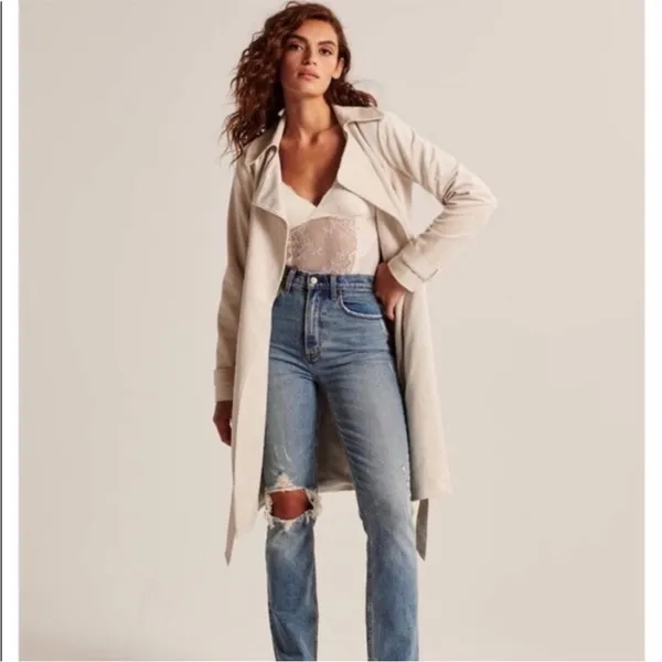 Abercrombie & Fitch Vegan Suede Trench Coat Cream Size XS Luxury Neutral - Image 3