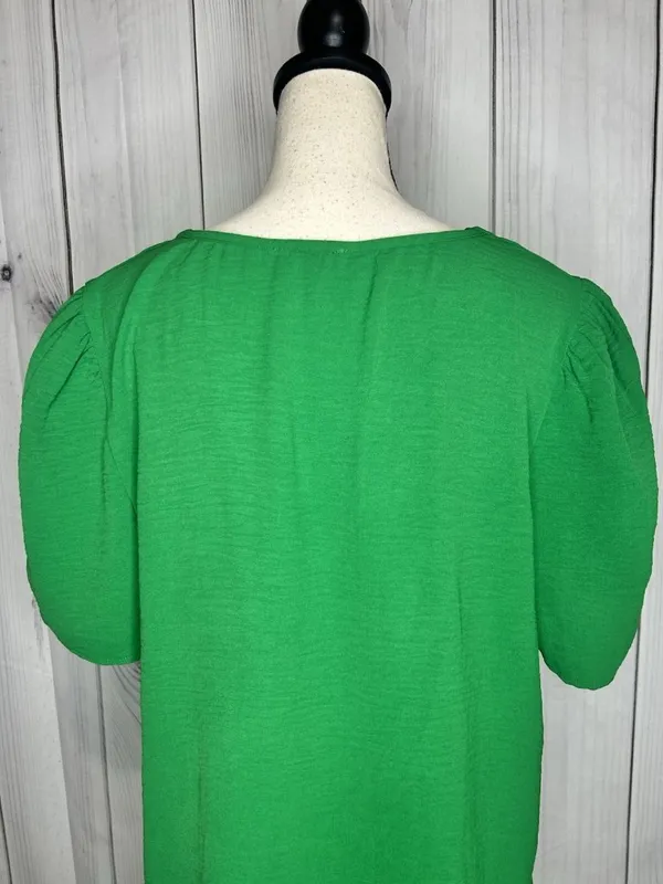 Jodifl Womens Sz Large Bright Green Short Ruched Sleeve V-Neck Blouse - Image 8