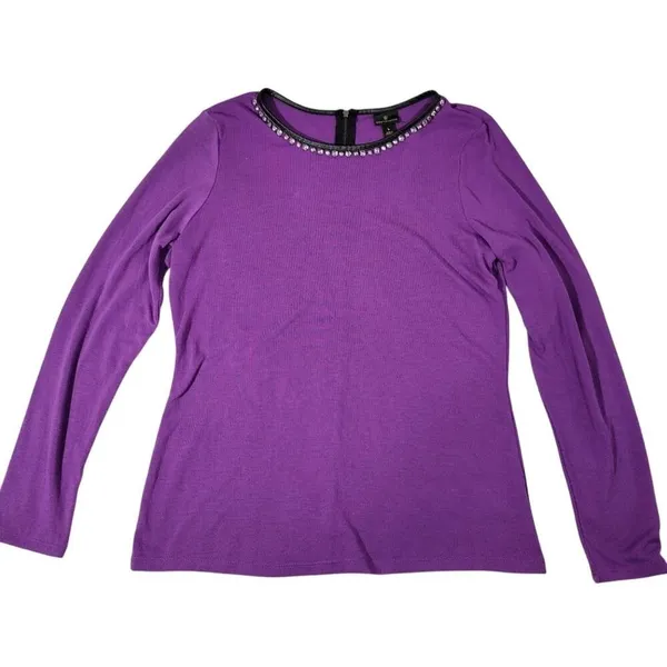 Worthington Purple Long‎ Sleeve Rhinestone Embellished Zipper Neck Top Shirt L - Image 6