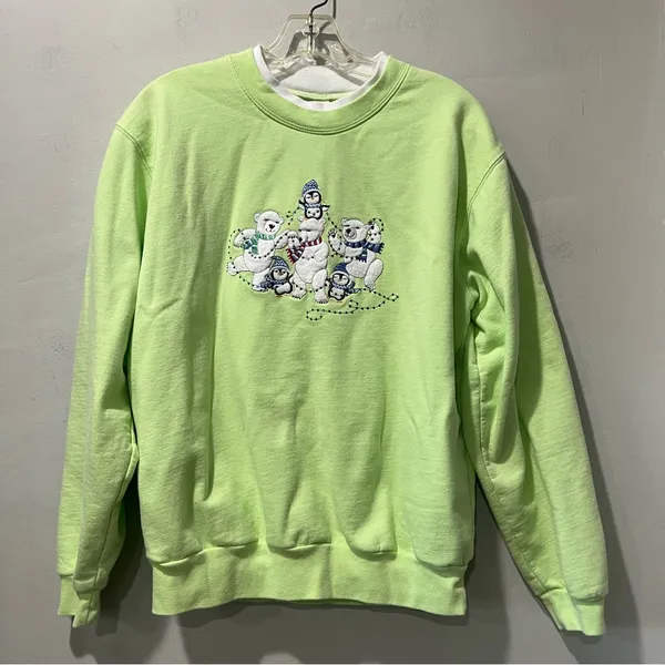 Morning Sun Polar Bear Embroidered Green Christmas Sweatshirt Size Large‎ - Image 3
