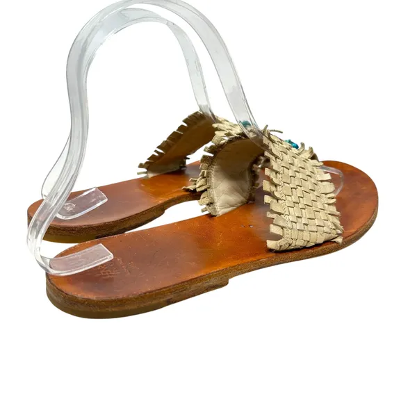 Henry Cuir‎ Slide Sandals Leather Woven Rattan Beaded Tan Brown Size 38 US 8 - Image 7
