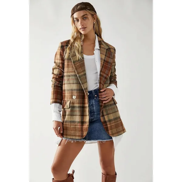 Free People Wool Mari Tartan Plaid Blazer Winter Wheat Large Dark Academia - Image 13