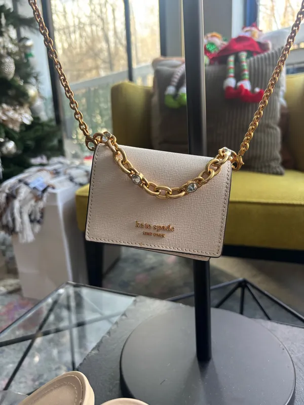 Kate Spade Mini Crossbody Cardholder on Crystal Chain – Neutral + Gold - Image 2
