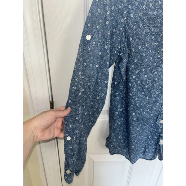 Y2K Ralph Lauren Jeans Co Floral Chambray Cotton Shirt Roll Tab Sleeve M Praire - Image 8