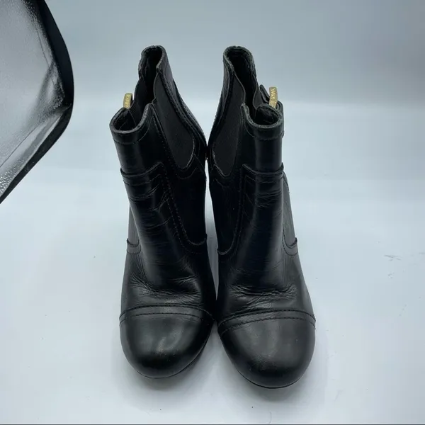 Tory Burch Black Leather Ankle Boots Wedges Womens 5 Booties Luxury Gold Buckle - Image 8