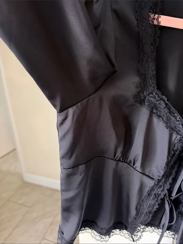 Gianni bini black satin goth lace square neck tie front top blouse L - Image 8