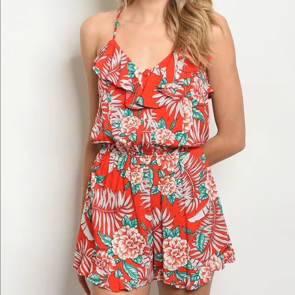 Red Ruffle Romper Tropical Floral - Image 2