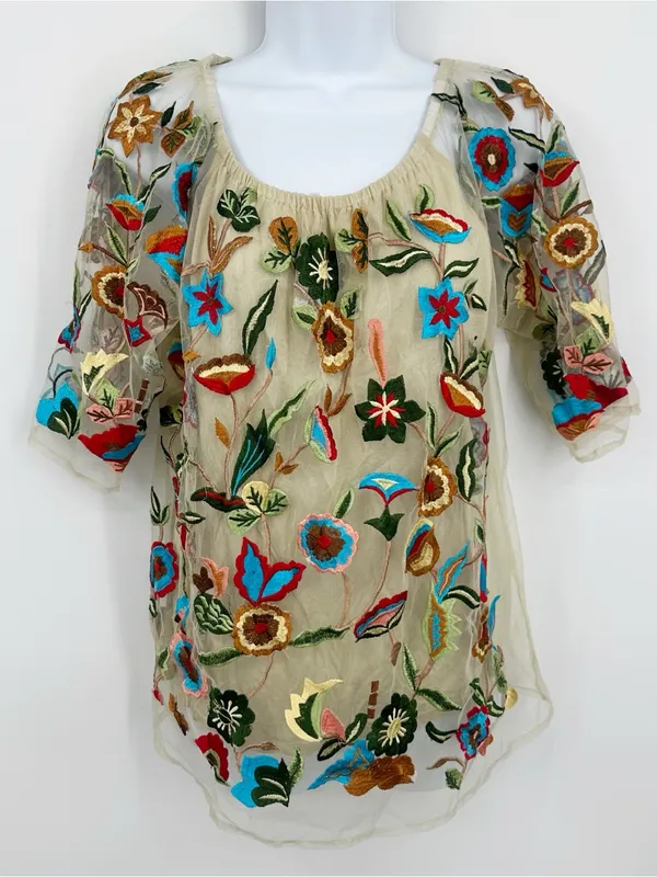 Scully Floral Boho Embroidered Blouse Size Large Whimsical Fairycore - Image 2