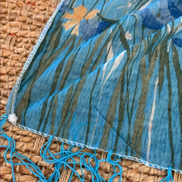 Floral Blue and White Scarf with Fringe - Image 3