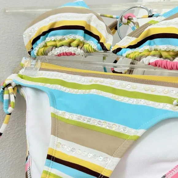 Hotkiss Sequin Bikini Set Small Y2K Rainbow Striped Sequin Vibrant Top & Bottom - Image 5