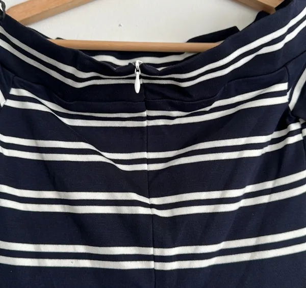 Bec & Bridge Striped Off The Shoulder Bodycon Dress Navy and White - Image 2