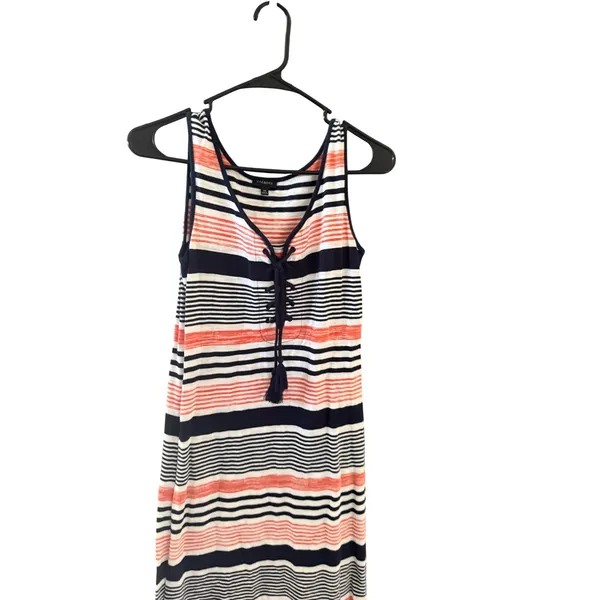 Talbots Womens Striped Lace Up‎ V-Neck Maxi Dress Navy Coral White Sleeveless XS - Image 2
