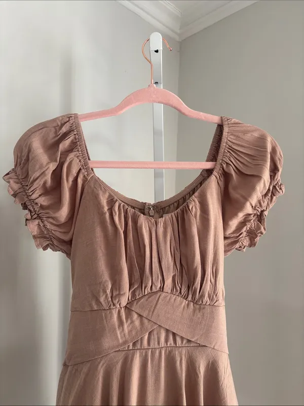 Altar'd State Taupe Haisley Double Layered Romper Mini Puff-Sleeve Tiered Size L - Image 4