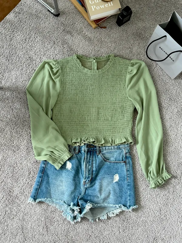 Sage Green Smocked Puff Long Sleeve Crop Top Ruffle Trim Casual Blouse - Image 4