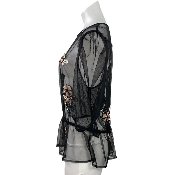 By Anthropologie Black Floral Embellished Sequin Sheer Mesh Peplum Crop Top Sz L - Image 2