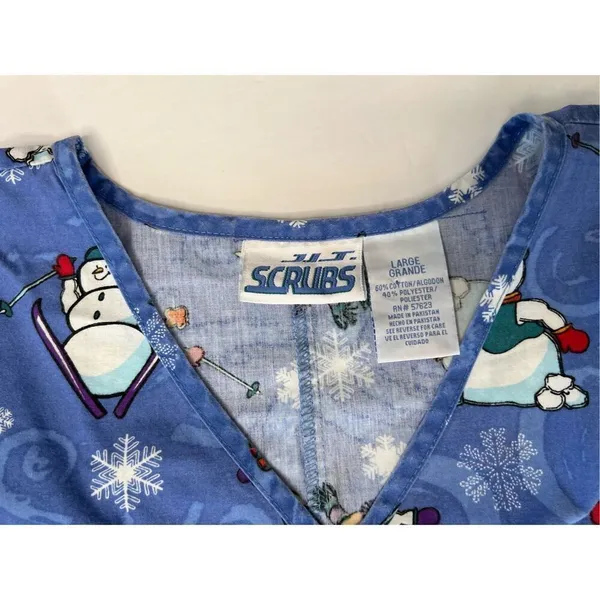 JIJ Scrubs Blue Snowman Snowflake‎ Scrub Medical Top LARGE Wintertime Snow - Image 4